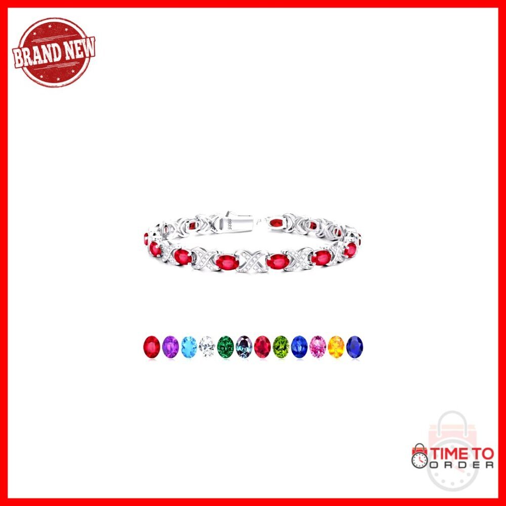 Sterling Silver Tennis Bracelet with Birthstones, 7 Inch, Push Button Clasp